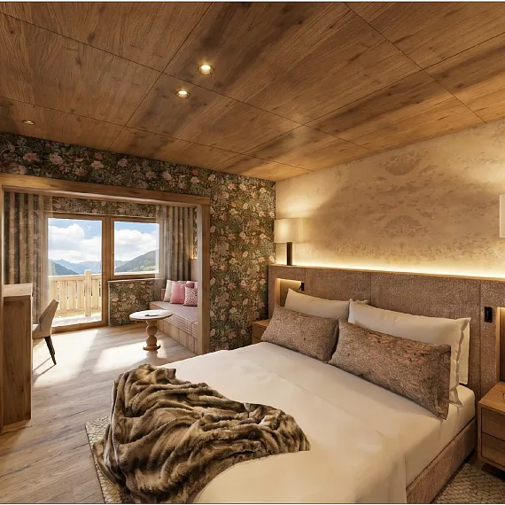 Hotelzimmer mit Doppelbett, Alpenblick und Holzeinrichtung, gemütliches Ambiente in alpiner Region.