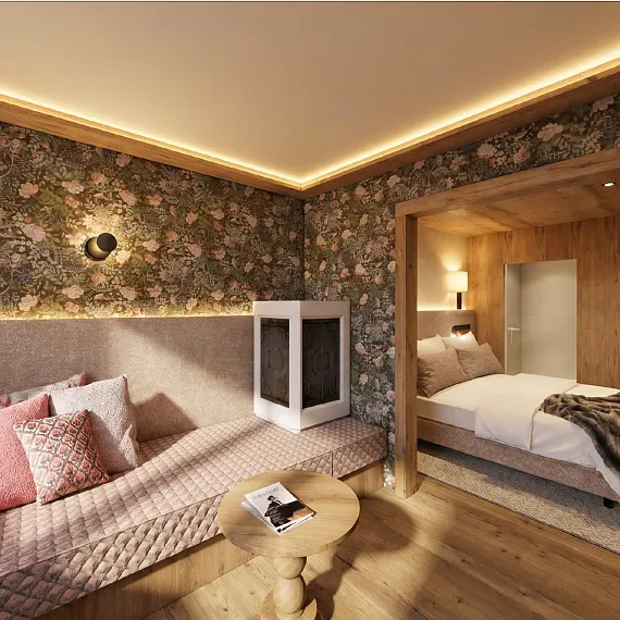 Stylisches Schlafzimmer mit Holzvertäfelung, Bett, Sofa und floralem Tapetendesign.