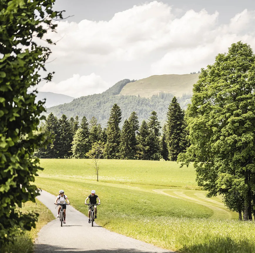 Zwei Radfahrer auf einem Weg in einer grünen, bergigen Landschaft in Tirol, umgeben von Wiesen und Bäumen.