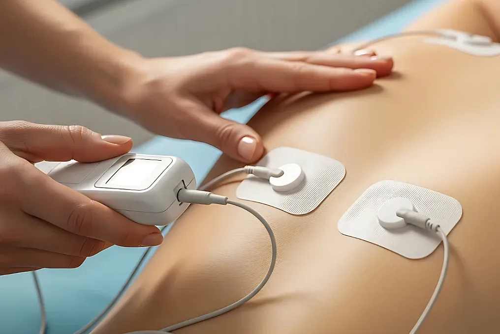 Nahaufnahme einer Hand, die Elektroden auf einem Rücken für eine physikalische Therapie anbringt.